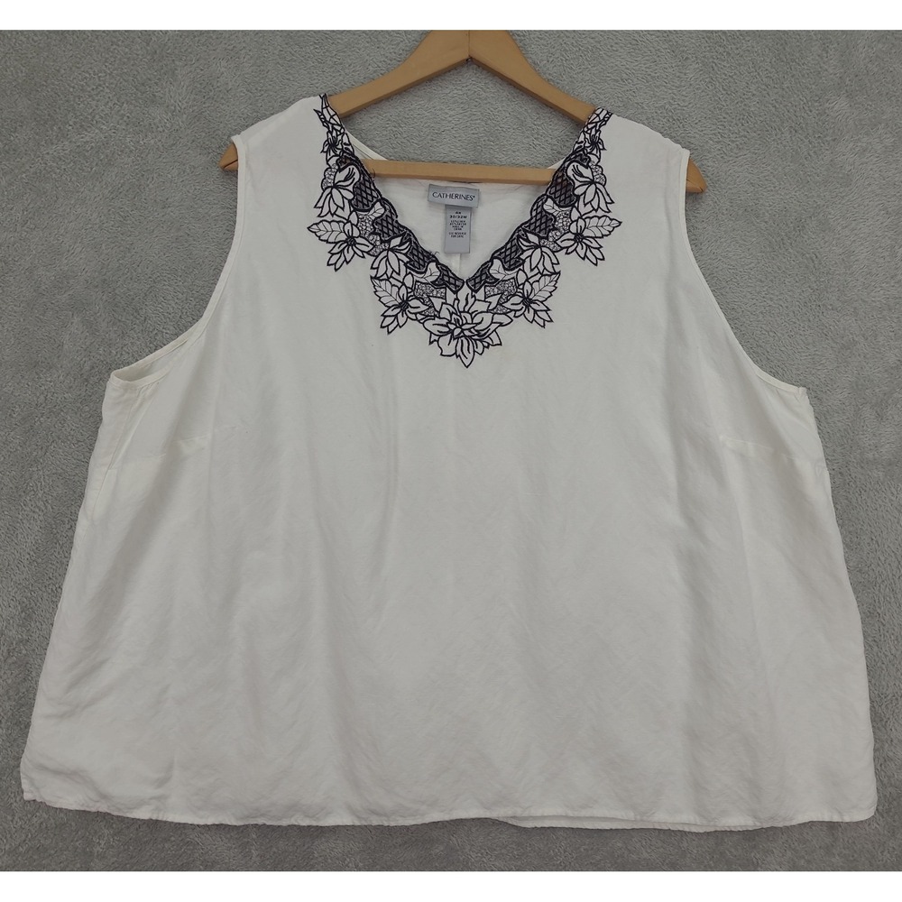 Catherines Embroidered Linen Blend Tank Top Sleeveless White 4XL‎ Beach Resort